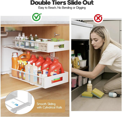 2-Tier Dual Pull Out Cabinet Organizer Drawers With Smooth Circular Rail, Large Capacity Metal Mesh Sliding Shelves For Bathroom& Kitchen Storage,Height Adjustable–White