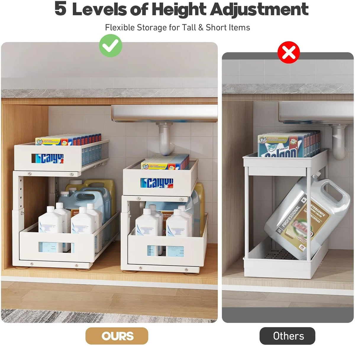 2-Tier Dual Pull Out Cabinet Organizer Drawers With Smooth Circular Rail, Large Capacity Metal Mesh Sliding Shelves For Bathroom& Kitchen Storage,Height Adjustable–White