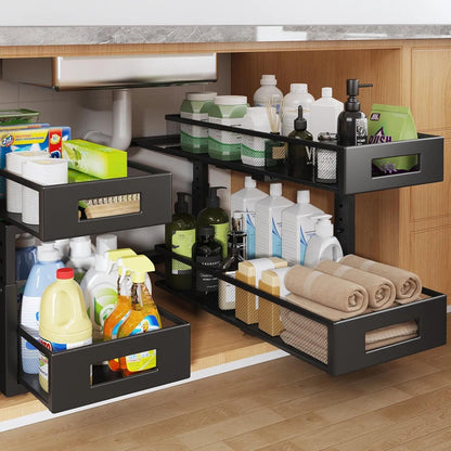 2-Tier Dual Pull Out Cabinet Organizer Drawers With Smooth Circular Rail, Large Capacity Metal Mesh Sliding Shelves For Bathroom& Kitchen Storage,Height Adjustable–White