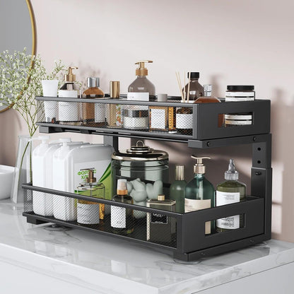 2-Tier Dual Pull Out Cabinet Organizer Drawers With Smooth Circular Rail, Large Capacity Metal Mesh Sliding Shelves For Bathroom& Kitchen Storage,Height Adjustable–White