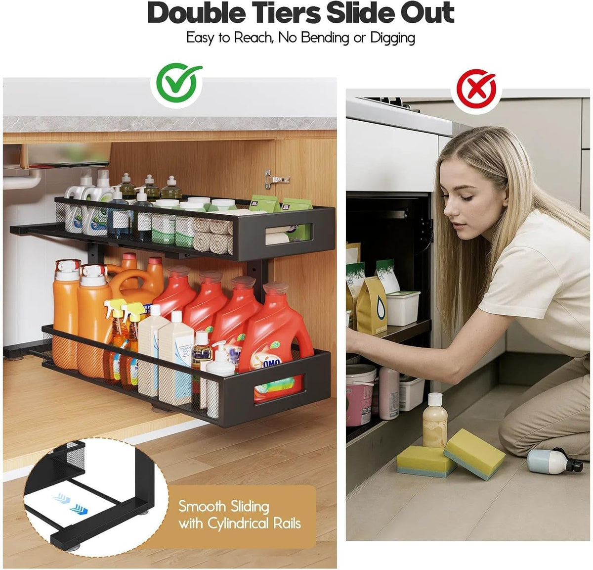 2-Tier Dual Pull Out Cabinet Organizer Drawers With Smooth Circular Rail, Large Capacity Metal Mesh Sliding Shelves For Bathroom& Kitchen Storage,Height Adjustable–White