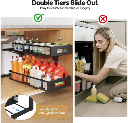 2-Tier Dual Pull Out Cabinet Organizer Drawers With Smooth Circular Rail, Large Capacity Metal Mesh Sliding Shelves For Bathroom& Kitchen Storage,Height Adjustable–White