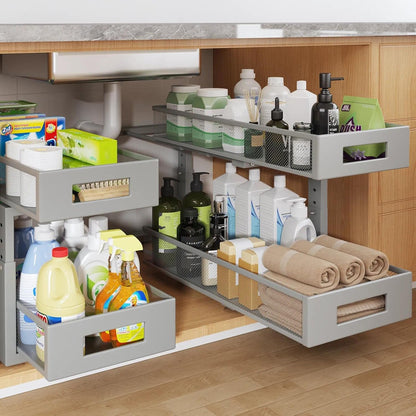 2-Tier Dual Pull Out Cabinet Organizer Drawers With Smooth Circular Rail, Large Capacity Metal Mesh Sliding Shelves For Bathroom& Kitchen Storage,Height Adjustable–White