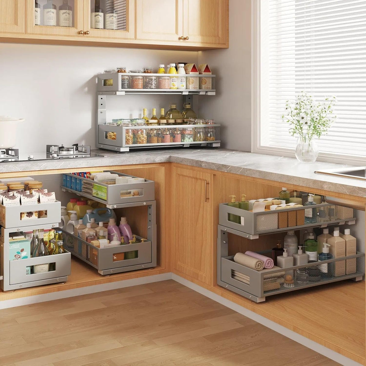 2-Tier Dual Pull Out Cabinet Organizer Drawers With Smooth Circular Rail, Large Capacity Metal Mesh Sliding Shelves For Bathroom& Kitchen Storage,Height Adjustable–White