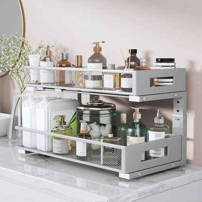 2-Tier Dual Pull Out Cabinet Organizer Drawers With Smooth Circular Rail, Large Capacity Metal Mesh Sliding Shelves For Bathroom& Kitchen Storage,Height Adjustable–White