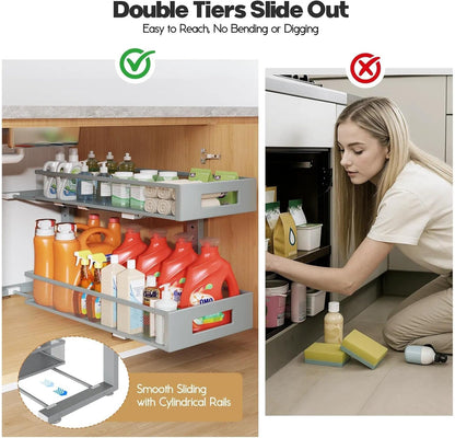 2-Tier Dual Pull Out Cabinet Organizer Drawers With Smooth Circular Rail, Large Capacity Metal Mesh Sliding Shelves For Bathroom& Kitchen Storage,Height Adjustable–White