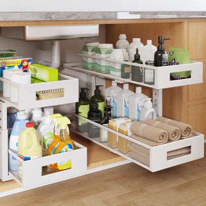 2-Tier Dual Pull Out Cabinet Organizer Drawers With Smooth Circular Rail, Large Capacity Metal Mesh Sliding Shelves For Bathroom& Kitchen Storage,Height Adjustable–White