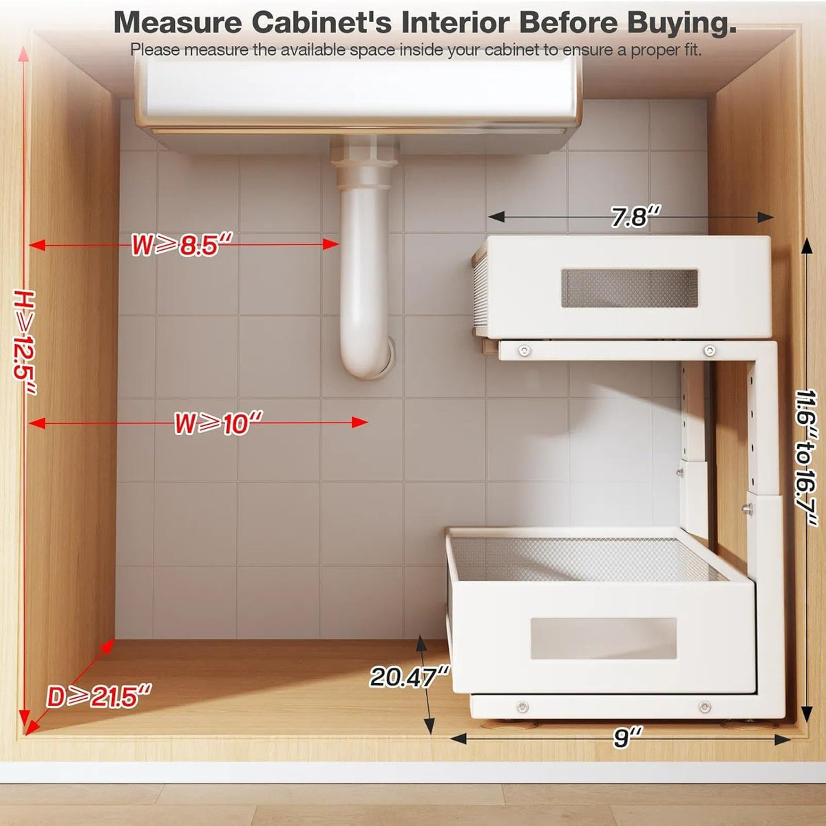 2-Tier Dual Pull Out Cabinet Organizer Drawers With Smooth Circular Rail, Large Capacity Metal Mesh Sliding Shelves For Bathroom& Kitchen Storage,Height Adjustable–White