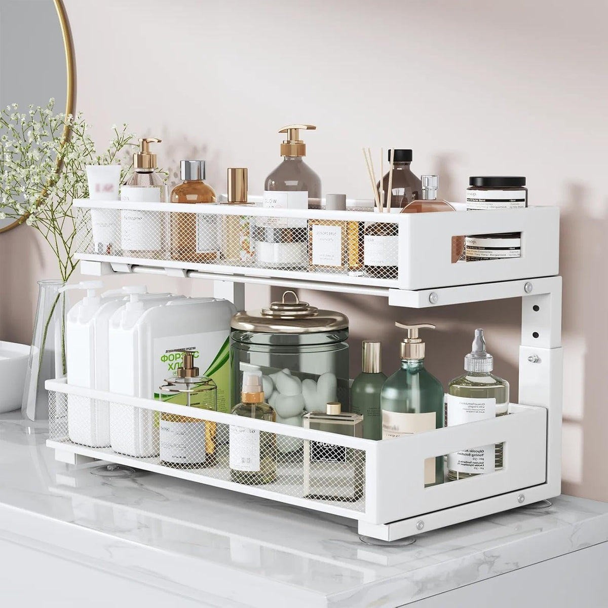 2-Tier Dual Pull Out Cabinet Organizer Drawers With Smooth Circular Rail, Large Capacity Metal Mesh Sliding Shelves For Bathroom& Kitchen Storage,Height Adjustable–White