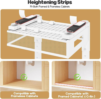 2-Tier Dual Pull Out Cabinet Organizer Drawers With Smooth Circular Rail, Large Capacity Metal Mesh Sliding Shelves For Bathroom& Kitchen Storage,Height Adjustable–White