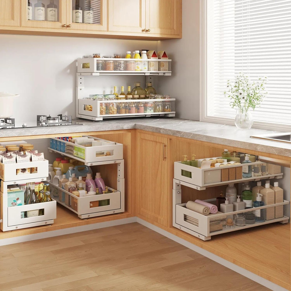 2-Tier Dual Pull Out Cabinet Organizer Drawers With Smooth Circular Rail, Large Capacity Metal Mesh Sliding Shelves For Bathroom& Kitchen Storage,Height Adjustable–White