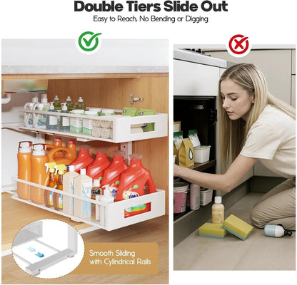 2-Tier Dual Pull Out Cabinet Organizer Drawers With Smooth Circular Rail, Large Capacity Metal Mesh Sliding Shelves For Bathroom& Kitchen Storage,Height Adjustable–White