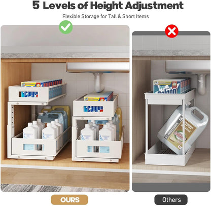2-Tier Dual Pull Out Cabinet Organizer Drawers With Smooth Circular Rail, Large Capacity Metal Mesh Sliding Shelves For Bathroom& Kitchen Storage,Height Adjustable–White