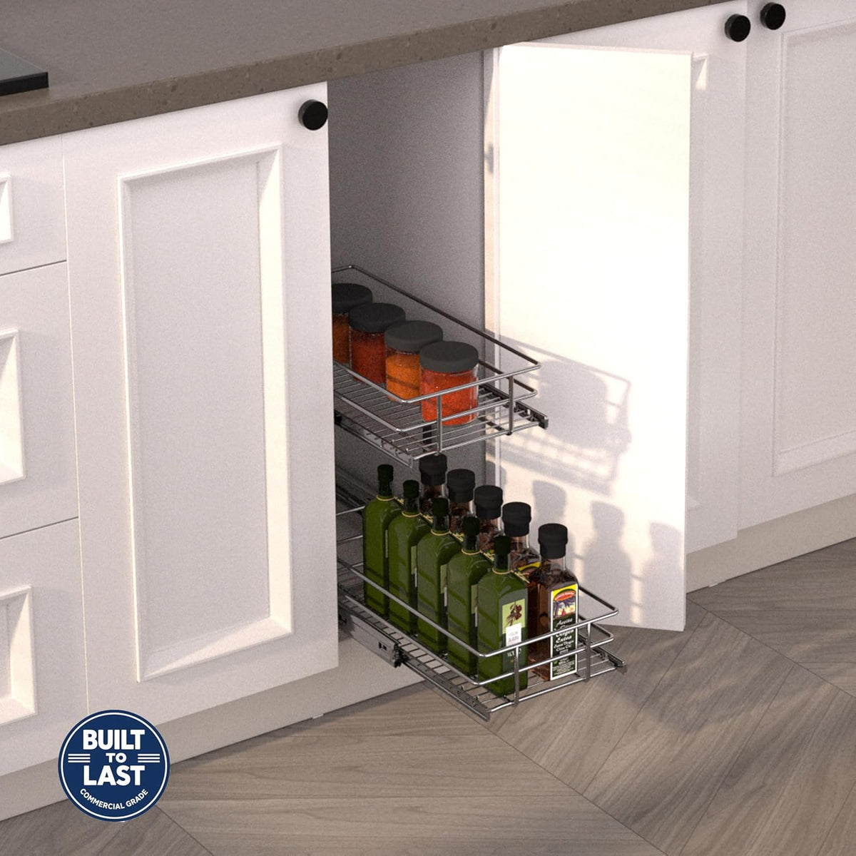 2-Tier Cabinet Pull Out Shelves (14" W x 22" D), Slide Out Shelves for Kitchen Cabinets, Metal Under Cabinet Roll Out Shelf