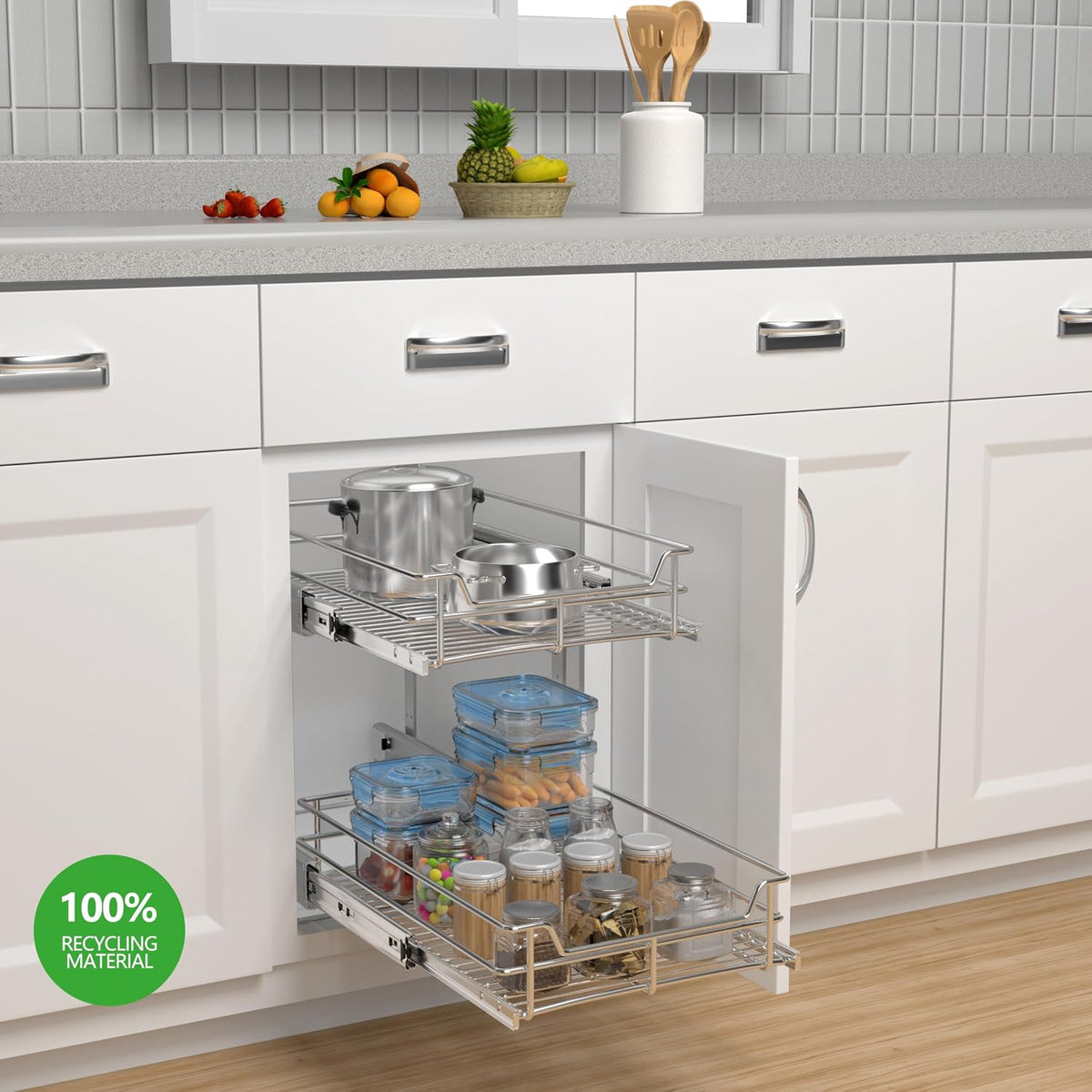 2-Tier Cabinet Pull Out Shelves (14" W x 22" D), Slide Out Shelves for Kitchen Cabinets, Metal Under Cabinet Roll Out Shelf