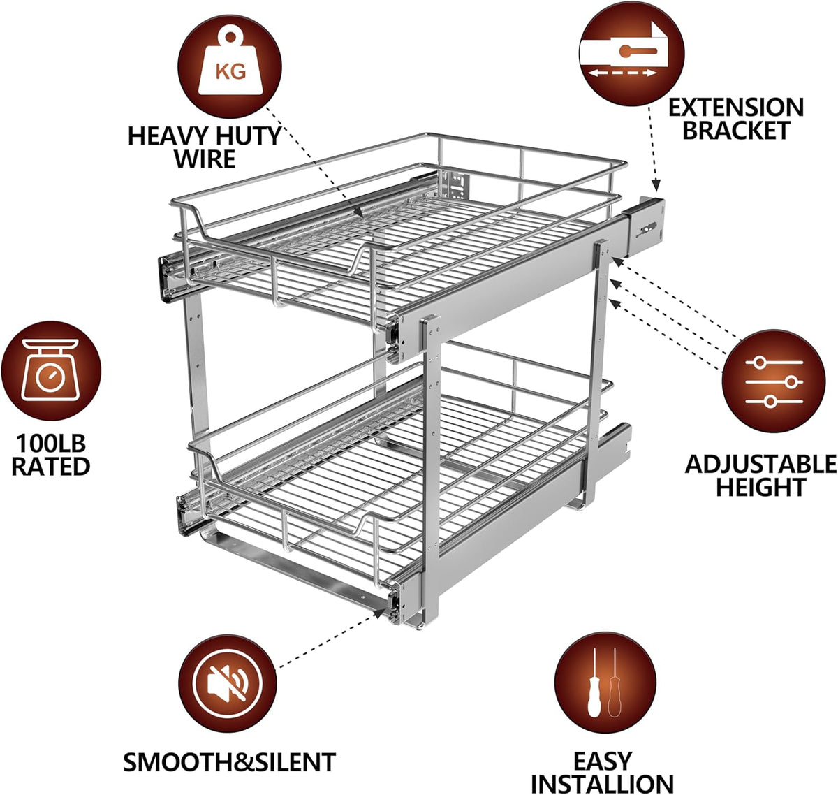 2-Tier Cabinet Pull Out Shelves (14" W x 22" D), Slide Out Shelves for Kitchen Cabinets, Metal Under Cabinet Roll Out Shelf