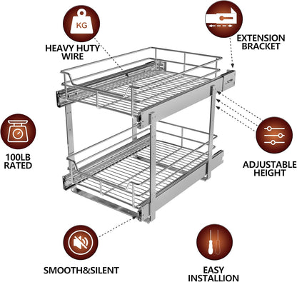2-Tier Cabinet Pull Out Shelves (14" W x 22" D), Slide Out Shelves for Kitchen Cabinets, Metal Under Cabinet Roll Out Shelf