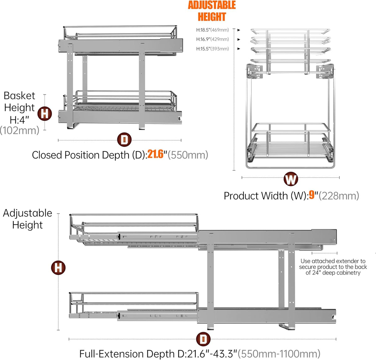 2-Tier Cabinet Pull Out Shelves (14" W x 22" D), Slide Out Shelves for Kitchen Cabinets, Metal Under Cabinet Roll Out Shelf