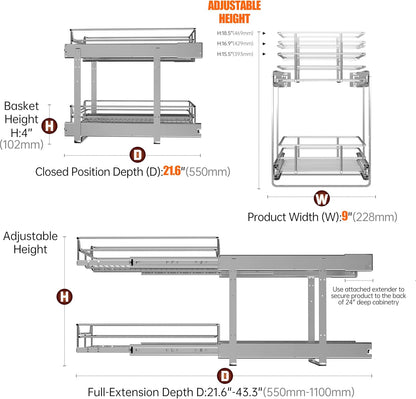 2-Tier Cabinet Pull Out Shelves (14" W x 22" D), Slide Out Shelves for Kitchen Cabinets, Metal Under Cabinet Roll Out Shelf