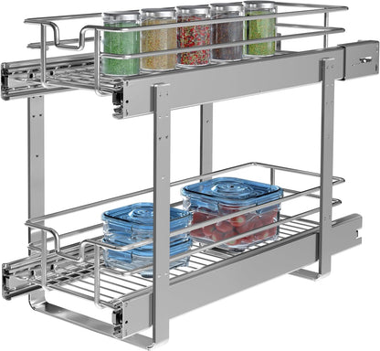 2-Tier Cabinet Pull Out Shelves (14" W x 22" D), Slide Out Shelves for Kitchen Cabinets, Metal Under Cabinet Roll Out Shelf