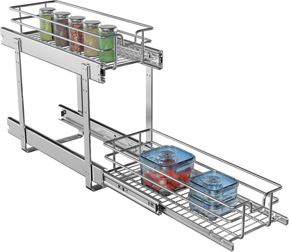 2-Tier Cabinet Pull Out Shelves (14" W x 22" D), Slide Out Shelves for Kitchen Cabinets, Metal Under Cabinet Roll Out Shelf