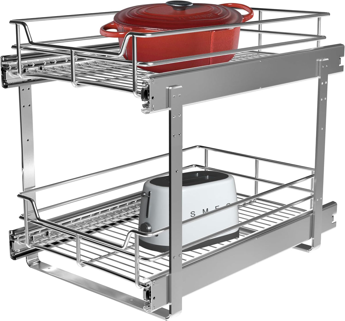 2-Tier Cabinet Pull Out Shelves (14" W x 22" D), Slide Out Shelves for Kitchen Cabinets, Metal Under Cabinet Roll Out Shelf