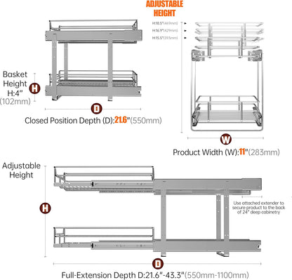 2-Tier Cabinet Pull Out Shelves (14" W x 22" D), Slide Out Shelves for Kitchen Cabinets, Metal Under Cabinet Roll Out Shelf