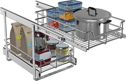 2-Tier Cabinet Pull Out Shelves (14" W x 22" D), Slide Out Shelves for Kitchen Cabinets, Metal Under Cabinet Roll Out Shelf