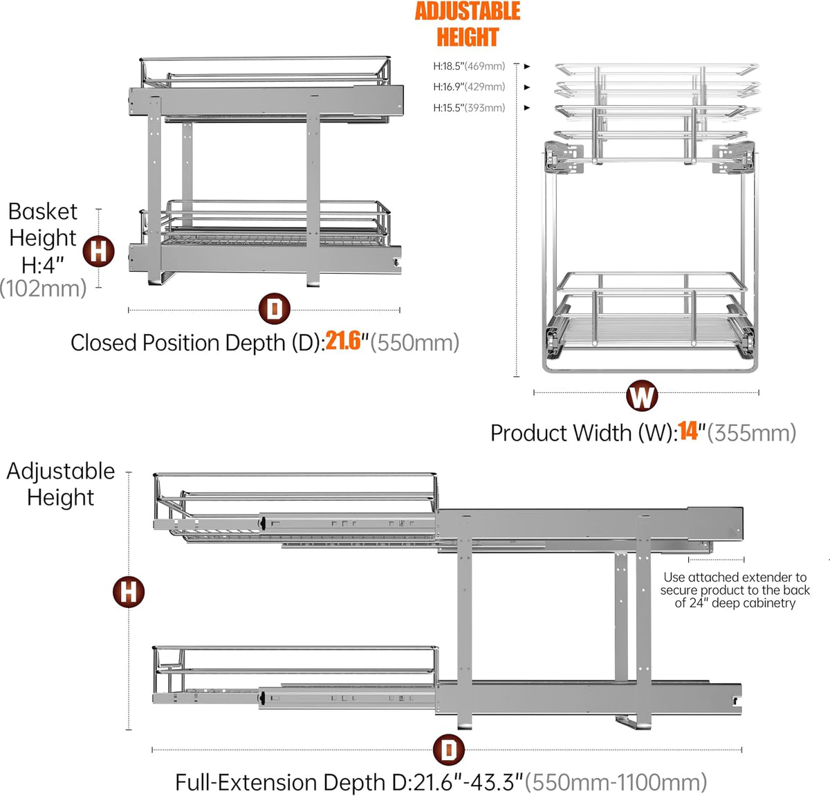 2-Tier Cabinet Pull Out Shelves (14" W x 22" D), Slide Out Shelves for Kitchen Cabinets, Metal Under Cabinet Roll Out Shelf