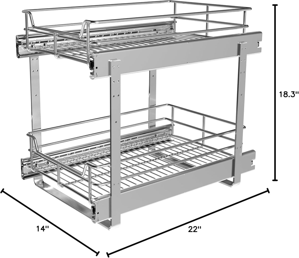 2-Tier Cabinet Pull Out Shelves (14" W x 22" D), Slide Out Shelves for Kitchen Cabinets, Metal Under Cabinet Roll Out Shelf
