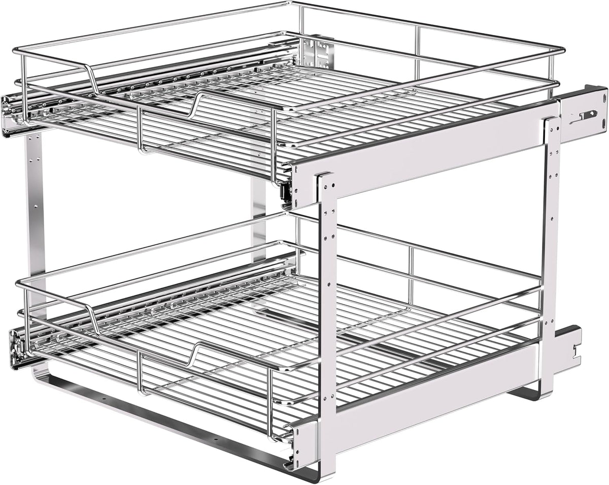 2-Tier Cabinet Pull Out Shelves (14" W x 22" D), Slide Out Shelves for Kitchen Cabinets, Metal Under Cabinet Roll Out Shelf