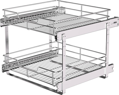 2-Tier Cabinet Pull Out Shelves (14" W x 22" D), Slide Out Shelves for Kitchen Cabinets, Metal Under Cabinet Roll Out Shelf