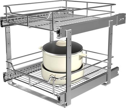 2-Tier Cabinet Pull Out Shelves (14" W x 22" D), Slide Out Shelves for Kitchen Cabinets, Metal Under Cabinet Roll Out Shelf