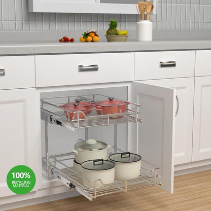 2-Tier Cabinet Pull Out Shelves (14" W x 22" D), Slide Out Shelves for Kitchen Cabinets, Metal Under Cabinet Roll Out Shelf