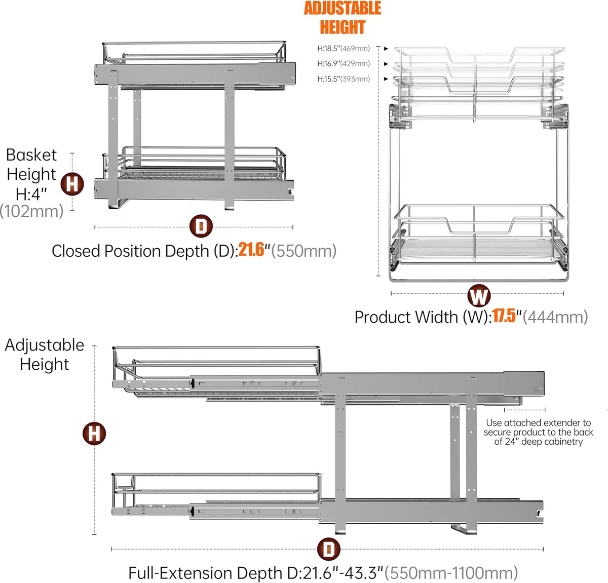 2-Tier Cabinet Pull Out Shelves (14" W x 22" D), Slide Out Shelves for Kitchen Cabinets, Metal Under Cabinet Roll Out Shelf