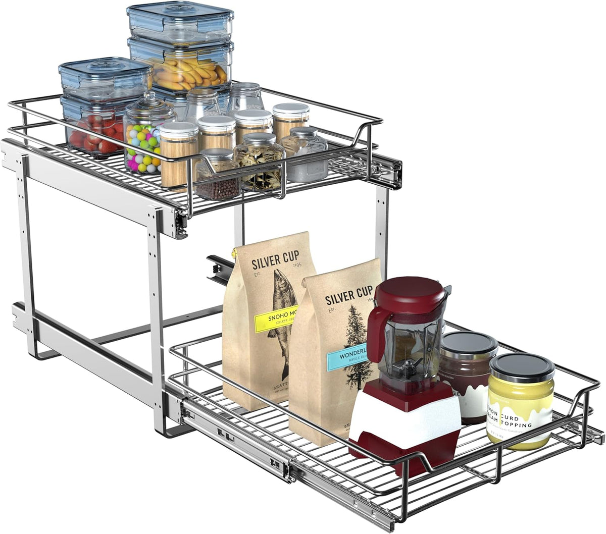 2-Tier Cabinet Pull Out Shelves (14" W x 22" D), Slide Out Shelves for Kitchen Cabinets, Metal Under Cabinet Roll Out Shelf