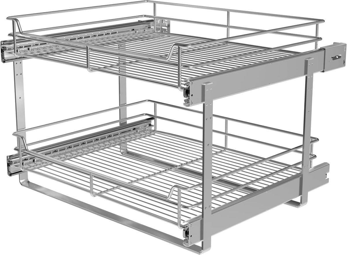 2-Tier Cabinet Pull Out Shelves (14" W x 22" D), Slide Out Shelves for Kitchen Cabinets, Metal Under Cabinet Roll Out Shelf