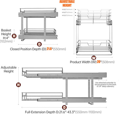 2-Tier Cabinet Pull Out Shelves (14" W x 22" D), Slide Out Shelves for Kitchen Cabinets, Metal Under Cabinet Roll Out Shelf