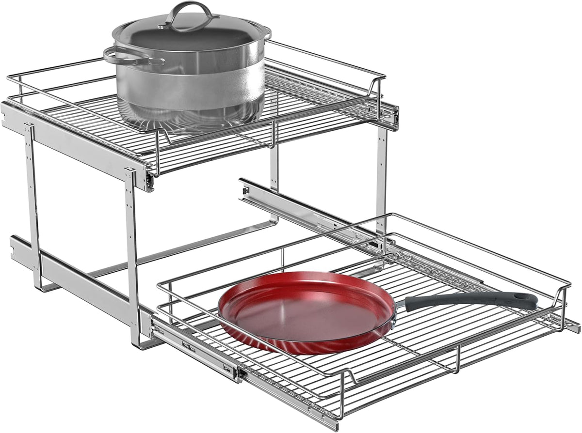 2-Tier Cabinet Pull Out Shelves (14" W x 22" D), Slide Out Shelves for Kitchen Cabinets, Metal Under Cabinet Roll Out Shelf