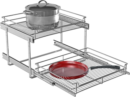 2-Tier Cabinet Pull Out Shelves (14" W x 22" D), Slide Out Shelves for Kitchen Cabinets, Metal Under Cabinet Roll Out Shelf