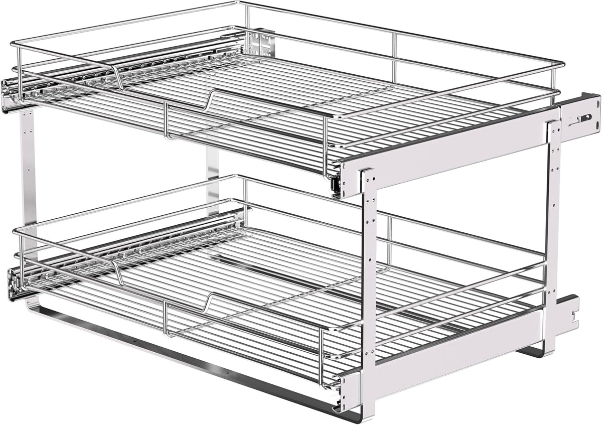 2-Tier Cabinet Pull Out Shelves (14" W x 22" D), Slide Out Shelves for Kitchen Cabinets, Metal Under Cabinet Roll Out Shelf