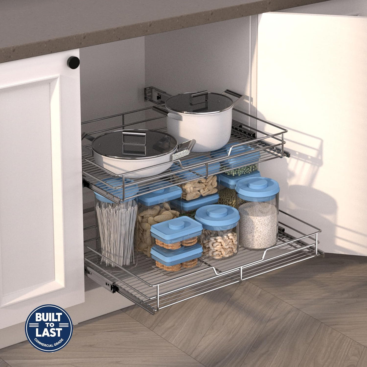 2-Tier Cabinet Pull Out Shelves (14" W x 22" D), Slide Out Shelves for Kitchen Cabinets, Metal Under Cabinet Roll Out Shelf