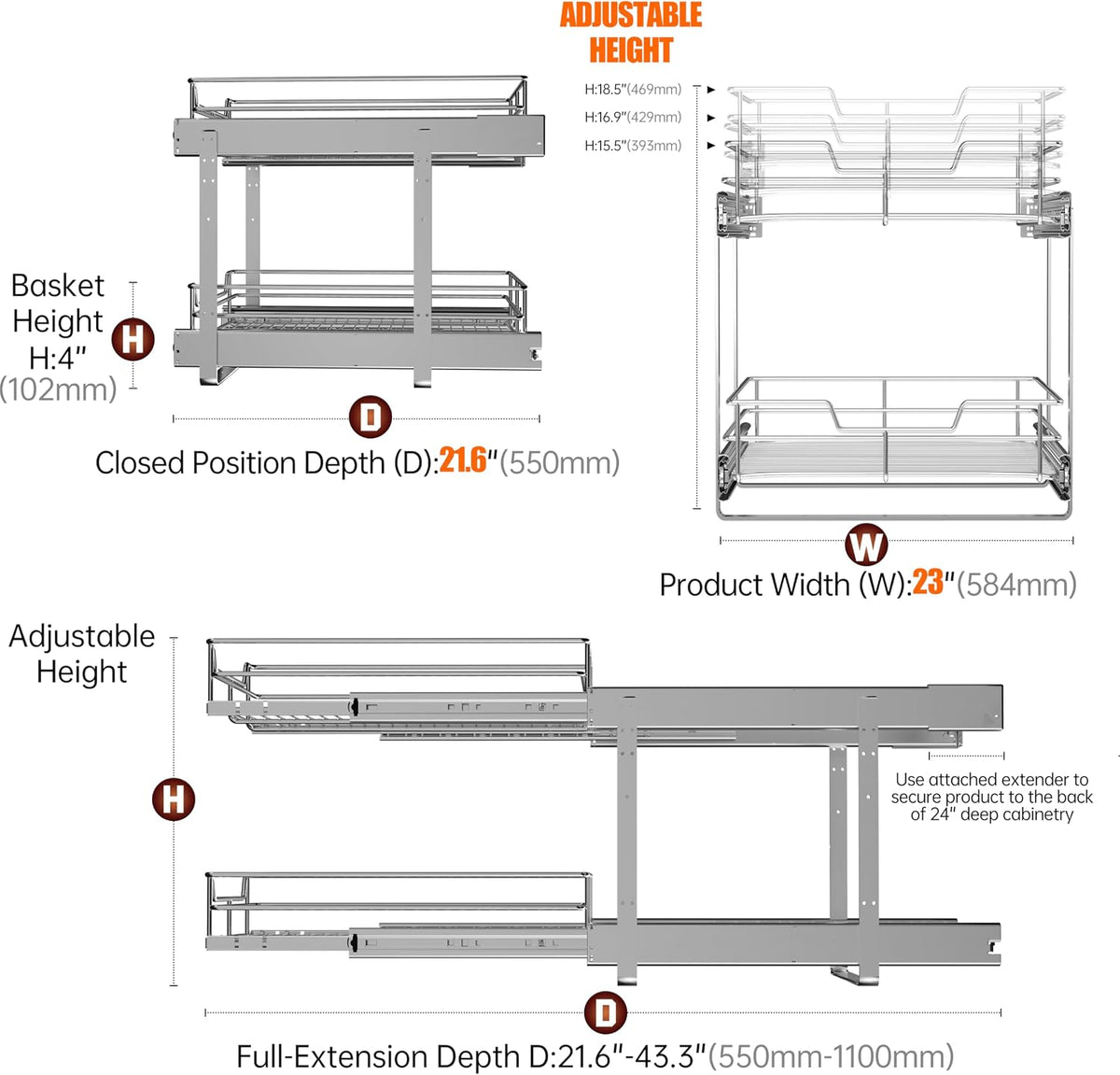2-Tier Cabinet Pull Out Shelves (14" W x 22" D), Slide Out Shelves for Kitchen Cabinets, Metal Under Cabinet Roll Out Shelf