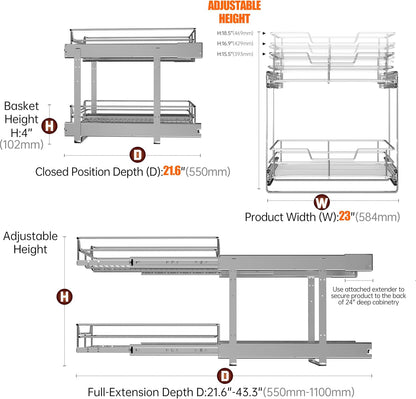 2-Tier Cabinet Pull Out Shelves (14" W x 22" D), Slide Out Shelves for Kitchen Cabinets, Metal Under Cabinet Roll Out Shelf