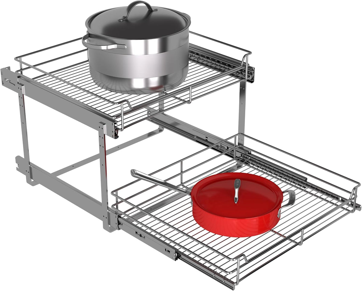 2-Tier Cabinet Pull Out Shelves (14" W x 22" D), Slide Out Shelves for Kitchen Cabinets, Metal Under Cabinet Roll Out Shelf
