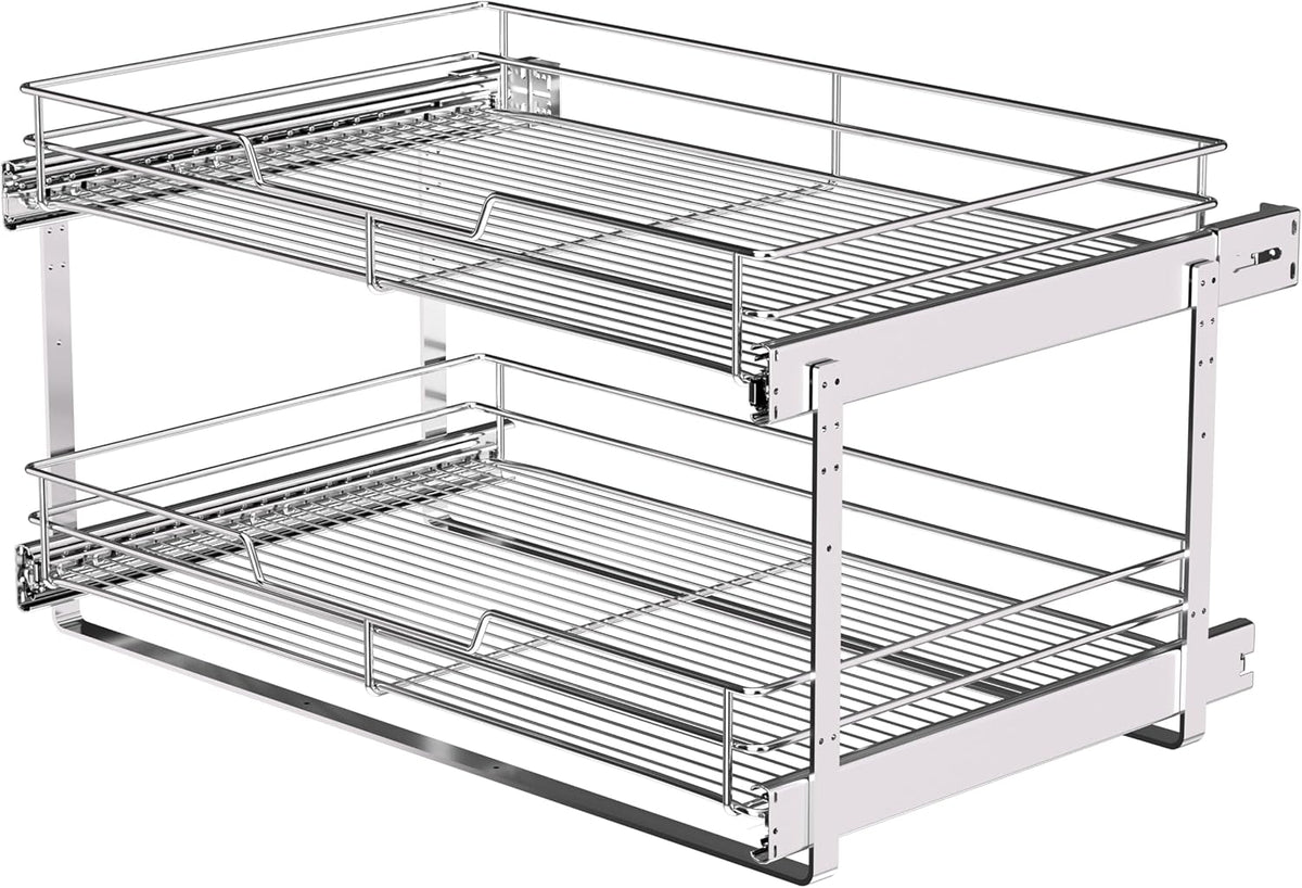2-Tier Cabinet Pull Out Shelves (14" W x 22" D), Slide Out Shelves for Kitchen Cabinets, Metal Under Cabinet Roll Out Shelf
