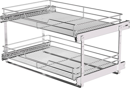 2-Tier Cabinet Pull Out Shelves (14" W x 22" D), Slide Out Shelves for Kitchen Cabinets, Metal Under Cabinet Roll Out Shelf