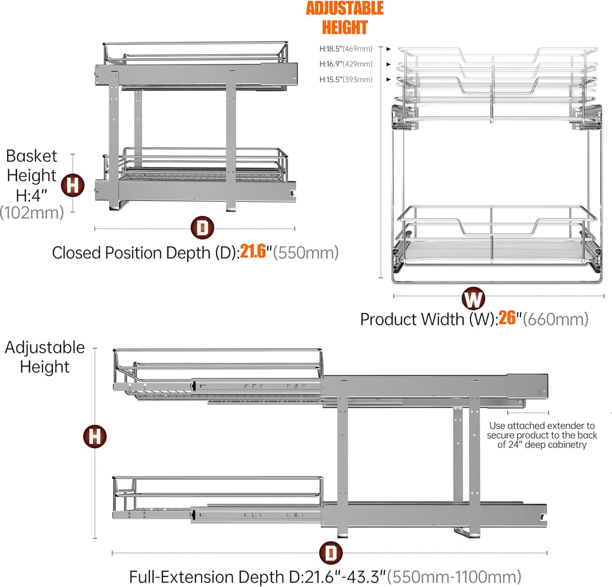 2-Tier Cabinet Pull Out Shelves (14" W x 22" D), Slide Out Shelves for Kitchen Cabinets, Metal Under Cabinet Roll Out Shelf