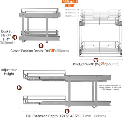 2-Tier Cabinet Pull Out Shelves (14" W x 22" D), Slide Out Shelves for Kitchen Cabinets, Metal Under Cabinet Roll Out Shelf