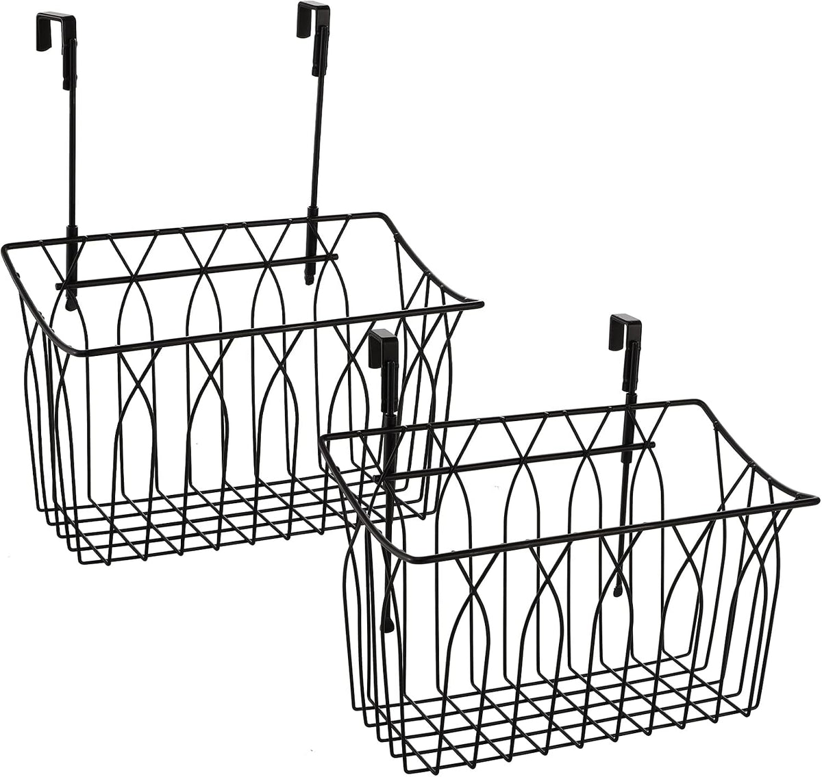2 Pack Grid Storage Baskets with Hooks, Metal Hanging Wire Basket Kitchen Over the Cabinet Door Organizer Caddy for Cutting Board, Kitchen Wrap, Foil, Cleaning Supplies, Bakeware, Towel